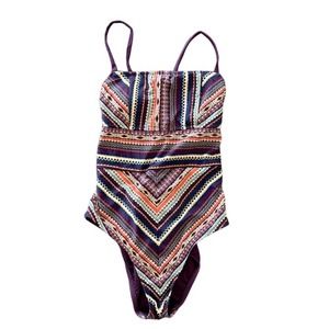 Mossimo Tribal Burgundy One Piece Swimsuit Lace Up Back Size Large